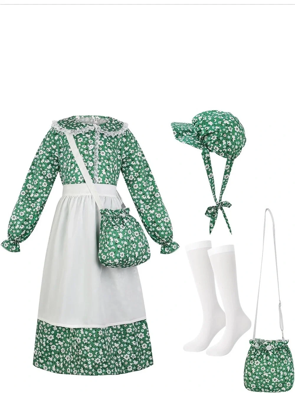 New Girls Pioneer Floral Prairie Dress Costume Small Green Apron Bonnet Bag sock